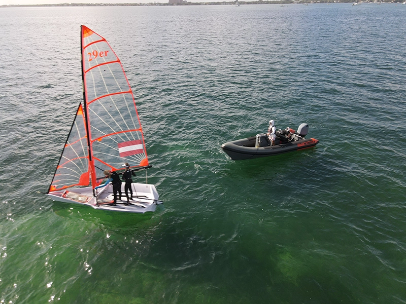 Coach Tino on a 29er coach boat